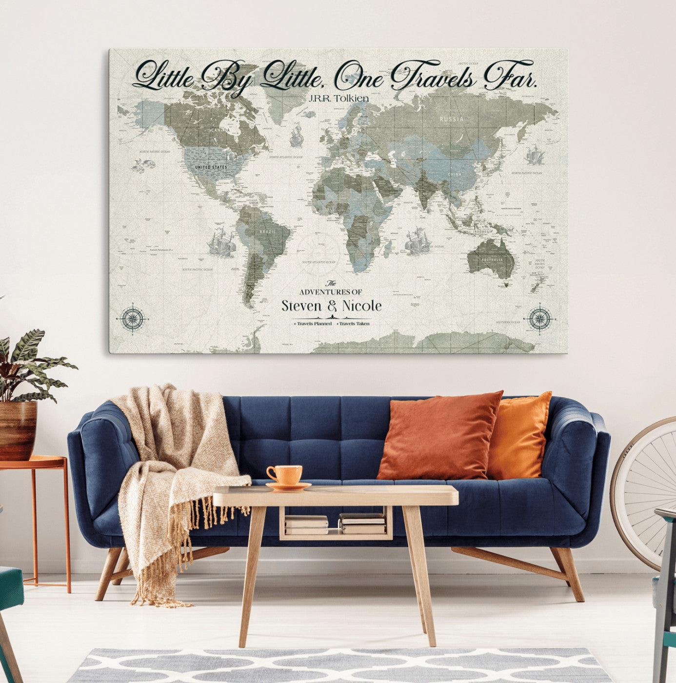 10693204-MGV-CV-36X24-Little By Little One Travels Far Tolkien Quote Blue Green World Map Adventure Wall Art Canvas Print Rustic Wanderlust Travel Decor