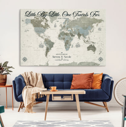 10693204-MGV-CV-36X24-Little By Little One Travels Far Tolkien Quote Blue Green World Map Adventure Wall Art Canvas Print Rustic Wanderlust Travel Decor
