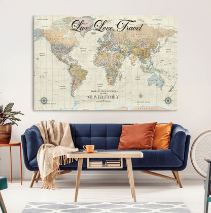 19479008-MGV-CV-36X24-Live Love Travel Wall Art – Detailed World Map Canvas Print, Adventure Decor for Living Room, Office or Bedroom, Travel Gift for