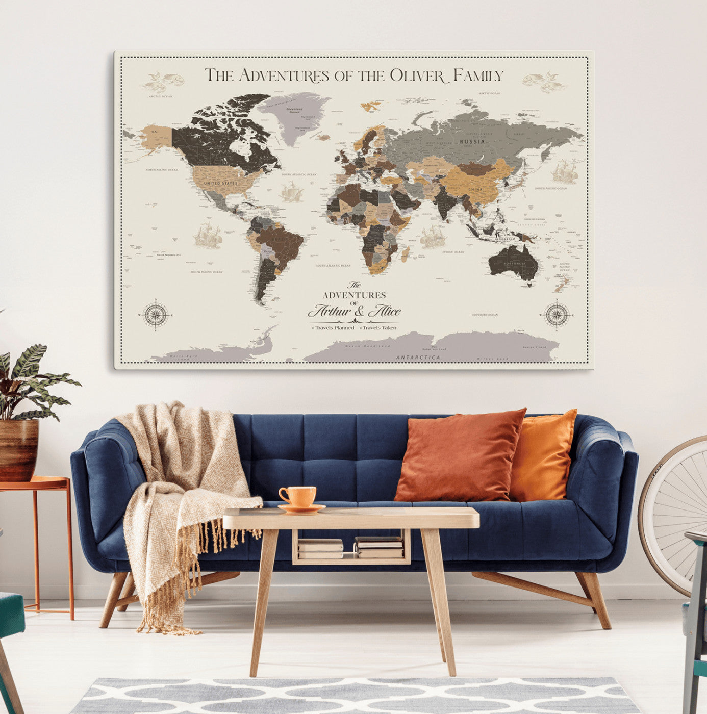 38723540-MGV-CV-36X24-Adventures of the Oliver Family Wall Art – Earth Tone World Map Canvas Print, Minimalist Travel Decor for Living Room, Bedroom or