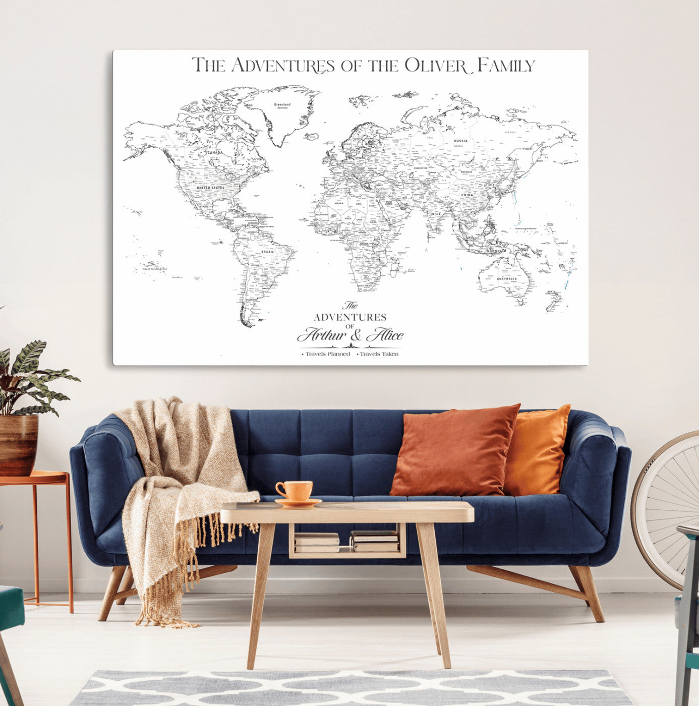 21029247-MGV-CV-36X24-Minimalist World Map Wall Art – Black and White Travel Adventure Print, Modern Family Travel Map Decor for Living Room, Bedroom,