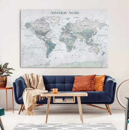 TEST111-MGV-CV-36X24-Personalized Adventure Awaits Push Pin World Map – Custom Framed Travel Tracker Canvas Wall Art for Home, Office