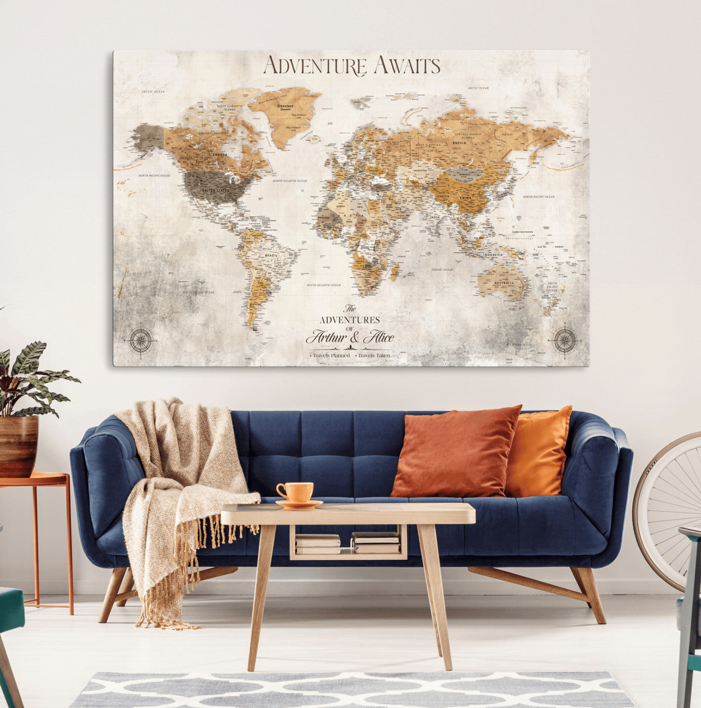 99422096-MGV-CV-36X24-Adventure Awaits World Map Wall Art – Neutral Beige Canvas Print, Modern Travel Inspired Wall Decor for Living Room, Bedroom or