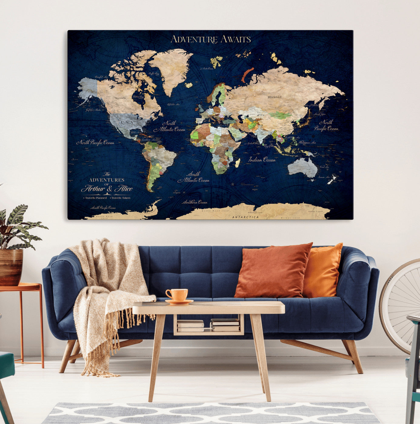 43160428-MGV-CV-36X24-Adventure Awaits Navy Blue World Map – Vibrant Travel Canvas Wall Art, Antique Atlas Print, Wanderlust Decor for Home Office