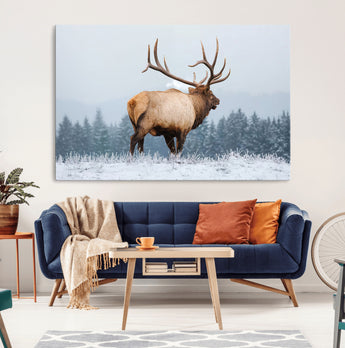 85177251-MGV-CV-36X24-Elk Wall Art – Majestic Wildlife Canvas Print of Bull Elk Snowy Forest, Rustic Nature Decor for Living Room, Cabin, or Office