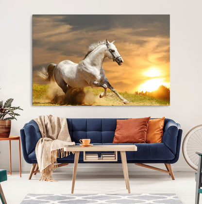 44295212-MGV-CV-36X24-Horse Wall Art – Running White Stallion Canvas Print with Sunset Background, Western Wildlife Decor for Living Room, Office, or