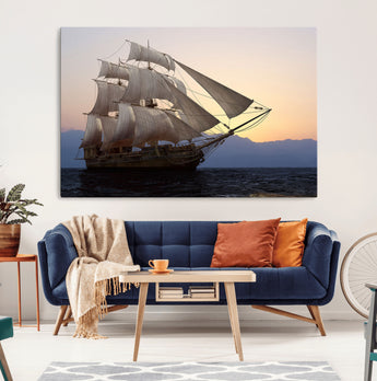 31270610-MGV-CV-36X24-Sailing Ship Wall Art – Sunset Seascape Canvas Print with Tall Ship at Sea, Nautical Ocean Decor for Living Room, Office, or