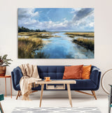 87082041-MGV-CV-36X24-Painted Marshland Canvas Wall Art – Serene Water Reflection, Blue Sky, Golden Grass Landscape, Calm Nature Decor for Home, Office,