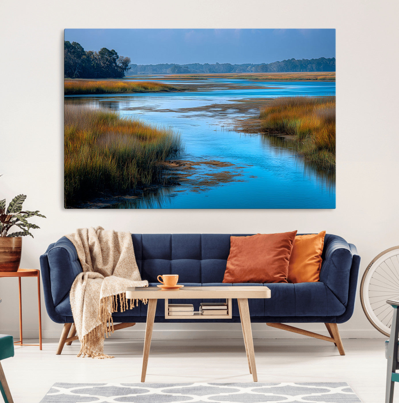 26300004-MGV-CV-36X24-Marshland Landscape Wall Art – Scenic Nature Canvas Print with Golden Grass and Blue Water, Peaceful River Photography for Living