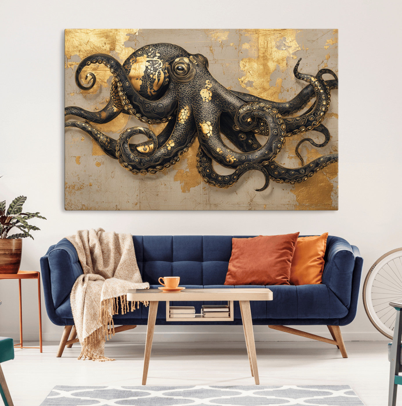 57944271-MGV-CV-36X24-Octopus Wall Art – Black and Gold Nautical Canvas Print, Modern Ocean Inspired Artwork with Elegant Detailing, Coastal Marine