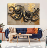 57944271-MGV-CV-36X24-Octopus Wall Art – Black and Gold Nautical Canvas Print, Modern Ocean Inspired Artwork with Elegant Detailing, Coastal Marine
