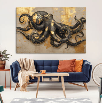 57944271-MGV-CV-36X24-Octopus Wall Art – Black and Gold Nautical Canvas Print, Modern Ocean Inspired Artwork with Elegant Detailing, Coastal Marine