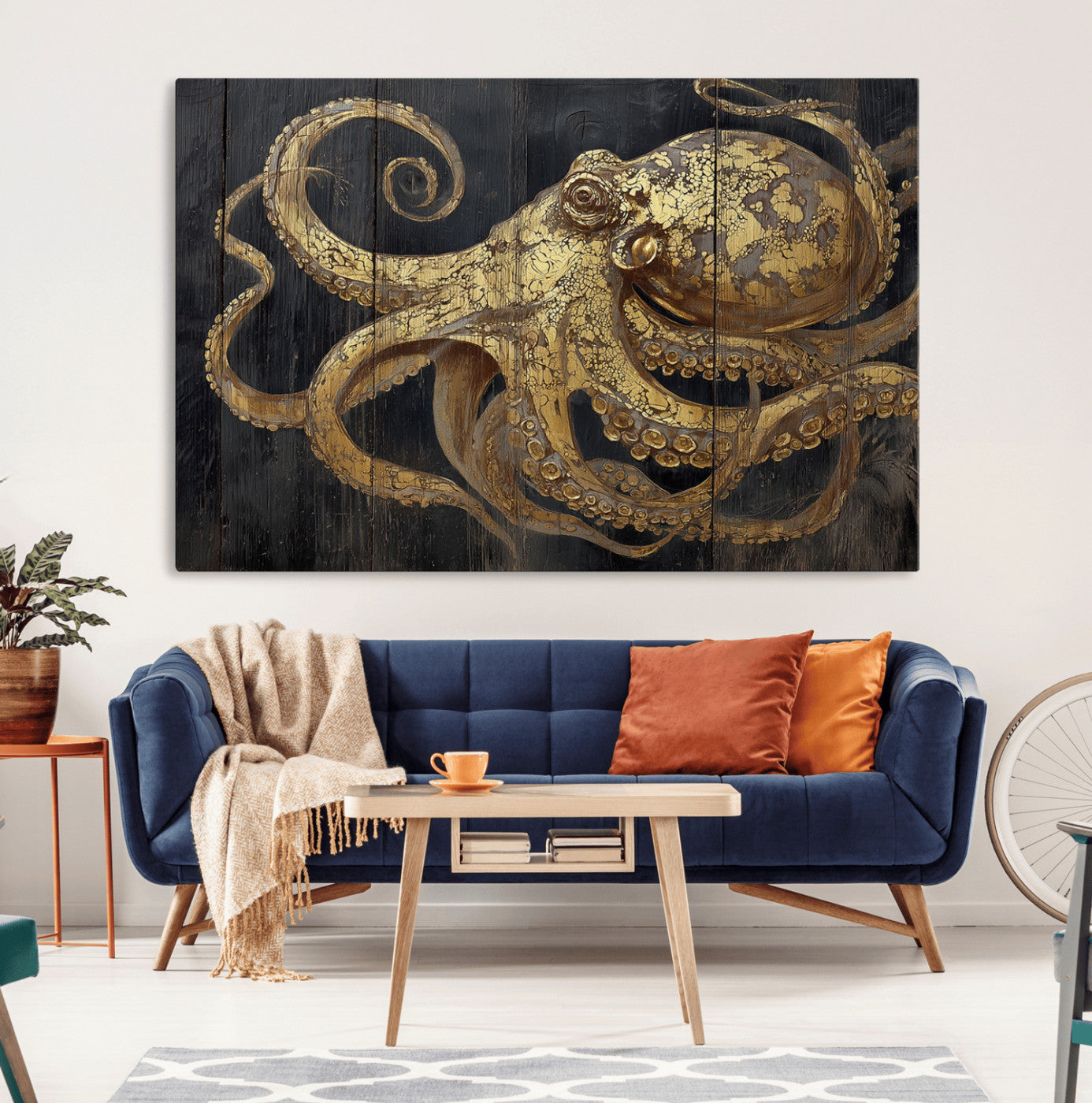 47056538-MGV-CV-36X24-Octopus Wall Art – Gold Nautical Canvas Print with Rustic Wood Texture, Marine Creature Artwork for Coastal Ocean Decoration in