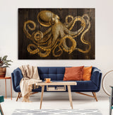 56769669-MGV-CV-36X24-Octopus Wall Art – Gold Nautical Canvas Print with Rustic Wood Panel Design, Detailed Marine Artwork for Coastal Ocean Decoration