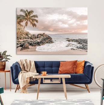 18005328-MGV-CV-36X24-Tropical Beach Wall Art – Coastal Ocean Canvas Print with Palm Tree, Sunset Sky and Rocky Shore, Serene Seascape Photography for