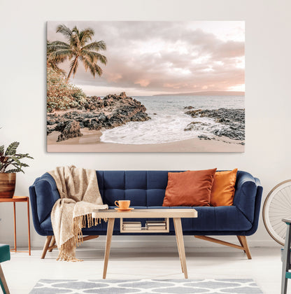 18005328-MGV-CV-36X24-Tropical Beach Wall Art – Coastal Ocean Canvas Print with Palm Tree, Sunset Sky and Rocky Shore, Serene Seascape Photography for