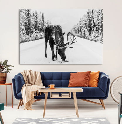 38956835-MGV-CV-36X24-Moose Wall Art – Black and White Wildlife Canvas Print with Snowy Forest Road, Rustic Nature Photography for Cabin, Lodge, Living