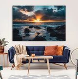 66040852-MGV-CV-36X24-Ocean Sunset Canvas Wall Art – Rocky Shore Waves, Dramatic Clouds, Golden Sun Rays, Coastal Nature, Serene Water Reflection for