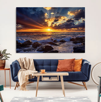 35900590-MGV-CV-36X24-Ocean Sunset Wall Art – Vivid Seascape Canvas Print with Sunburst Sky, Crashing Waves and Rocky Shore, Dramatic Coastal
