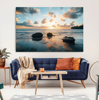 23879436-MGV-CV-36X24-Rocky Ocean Sunset Canvas Wall Art – Seaside Dramatic Seascape, Ocean Sunset Art Print for Coastal Modern Decor for Nature