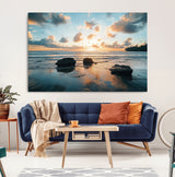23879436-MGV-CV-36X24-Ocean Sunset Wall Art – Serene Seascape Canvas Print with Golden Sky, Reflections on Sand and Calm Waves, Peaceful Coastal
