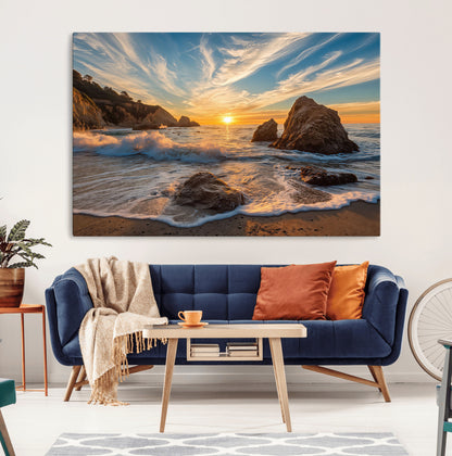 85659923-MGV-CV-36X24-Ocean Sunset Wall Art – Dramatic Seascape Canvas Print with Cliffs, Crashing Waves and Golden Sky, Bold Coastal Photography for
