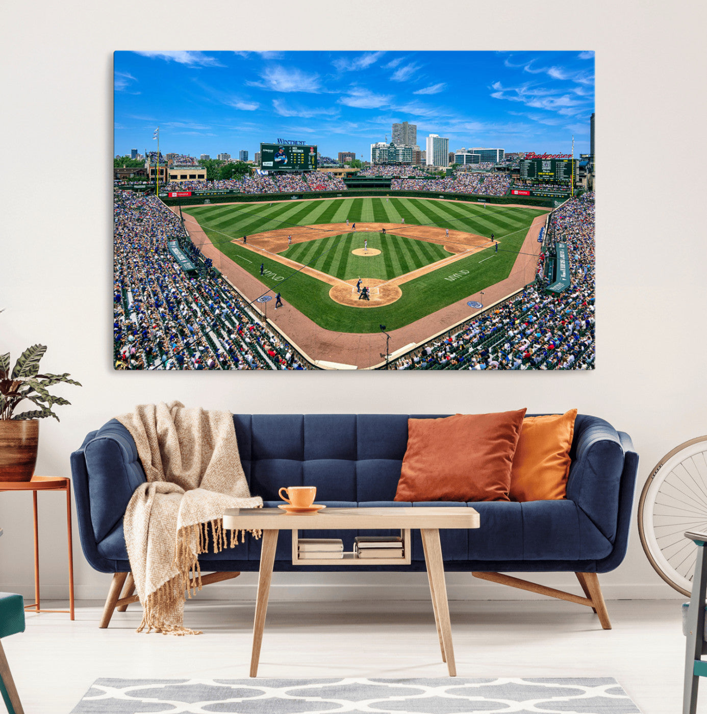 56213978-MGV-CV-36X24-Baseball Stadium Wall Art – Panoramic Ballpark Canvas Print with Fans, Green Field and City Skyline, Classic Sports Photography