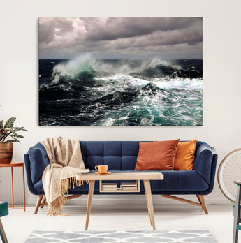 38622353-MGV-CV-36X24-Ocean Wave Wall Art – Dramatic Seascape Canvas Print with Stormy Sky and Crashing Sea, Bold Coastal Photography for Living Room,
