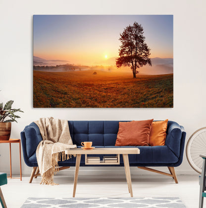 57919623-MGV-CV-36X24-Golden Sunrise Landscape Canvas Wall Art - Framed Misty Field Print, Large Nature Canvas for Living Room, Office, or Home Decor