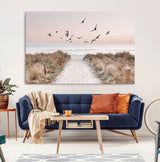 34632598-MGV-CV-36X24-Beach Pathway Wall Art – Coastal Canvas Print with Sandy Trail, Flying Birds and Pastel Sky, Serene Ocean Landscape Photography