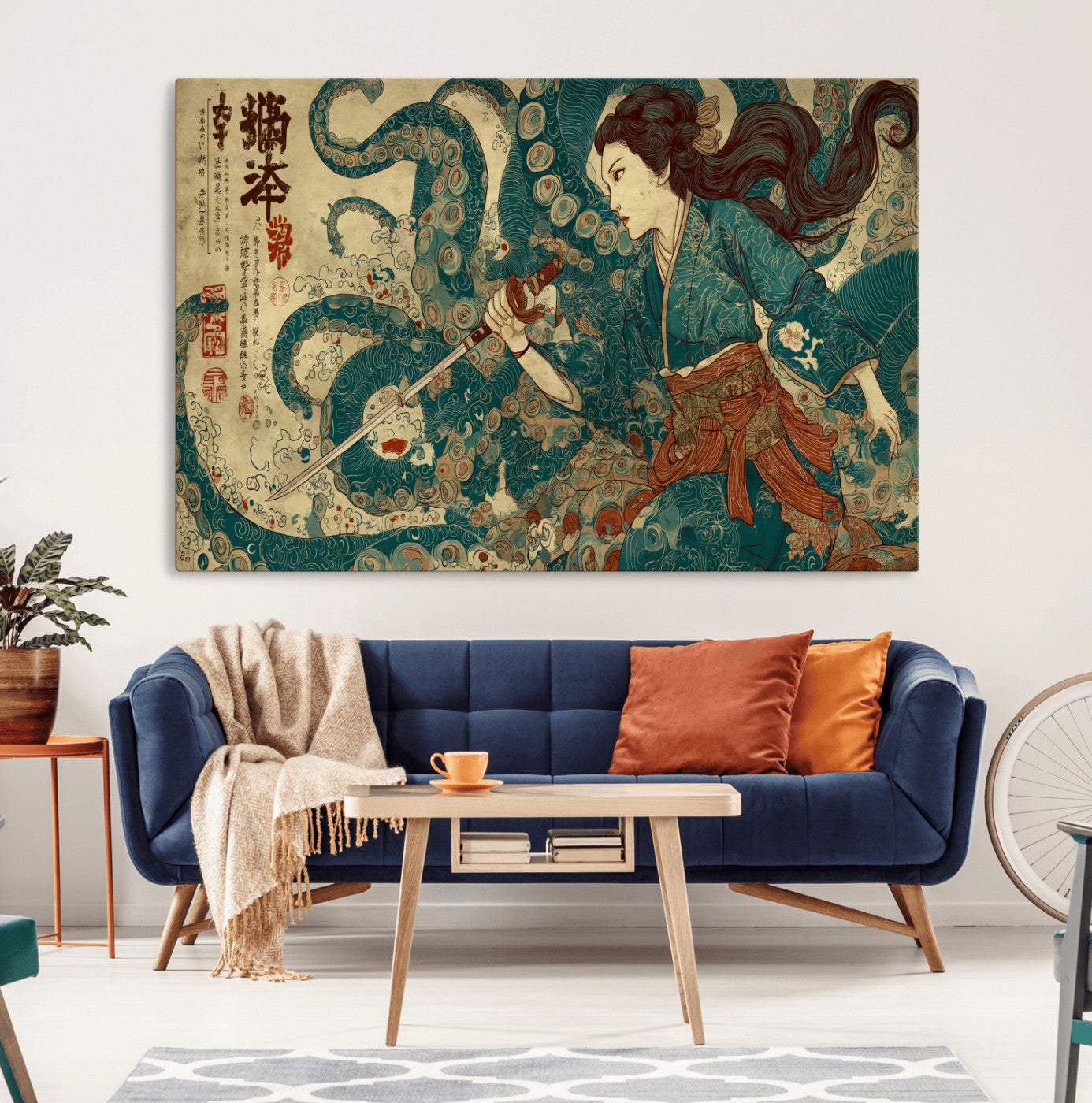 46837670-MGV-CV-36X24-Tsukioka Yoshitoshi Samurai Wall Art Print, Japanese Katana Warrior Canvas Wall Art, Octopus Sea Monster Canvas Print,