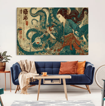 46837670-MGV-CV-36X24-Tsukioka Yoshitoshi Samurai Wall Art Print, Japanese Katana Warrior Canvas Wall Art, Octopus Sea Monster Canvas Print,