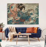 52037775-MGV-CV-36X24-Samurai Woman Wall Art – Japanese Ukiyo e Style Canvas Print with Katana, Ocean Waves and Octopus, Traditional Asian Inspired