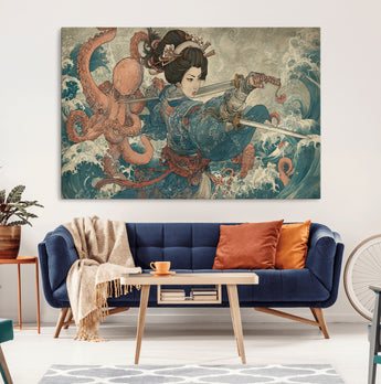 52037775-MGV-CV-36X24-Samurai Woman Wall Art – Japanese Ukiyo e Style Canvas Print with Katana, Ocean Waves and Octopus, Traditional Asian Inspired