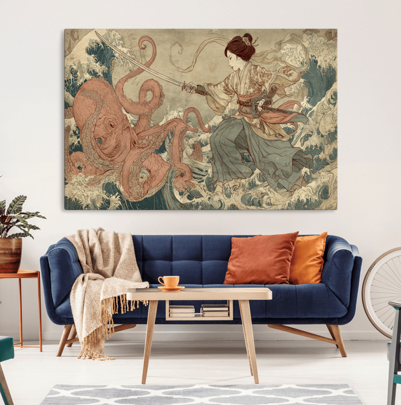 54879547-MGV-CV-36X24-Tsukioka Yoshitoshi Samurai Wall Art Print, Japanese Katana Warrior Canvas Wall Art, Octopus Sea Monster Canvas Print,