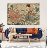 54879547-MGV-CV-36X24-Tsukioka Yoshitoshi Samurai Wall Art Print, Japanese Katana Warrior Canvas Wall Art, Octopus Sea Monster Canvas Print,