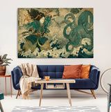 24416422-MGV-CV-36X24-Samurai vs Octopus Wall Art – Japanese Warrior Ocean Battle Canvas Print, Ukiyo e Inspired Decor for Home, Office, or Man Cave