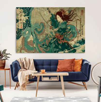 86918027-MGV-CV-36X24-Samurai Warrior vs Octopus Wall Art – Japanese Ukiyo-e Ocean Battle Canvas Print, Traditional Samurai Artwork for Living Room,