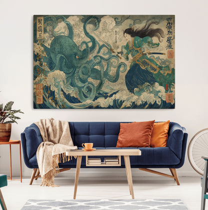 60346622-MGV-CV-36X24-Tsukioka Yoshitoshi Samurai Wall Art Print, Japanese Katana Warrior Canvas Wall Art, Octopus Sea Monster Canvas Print,
