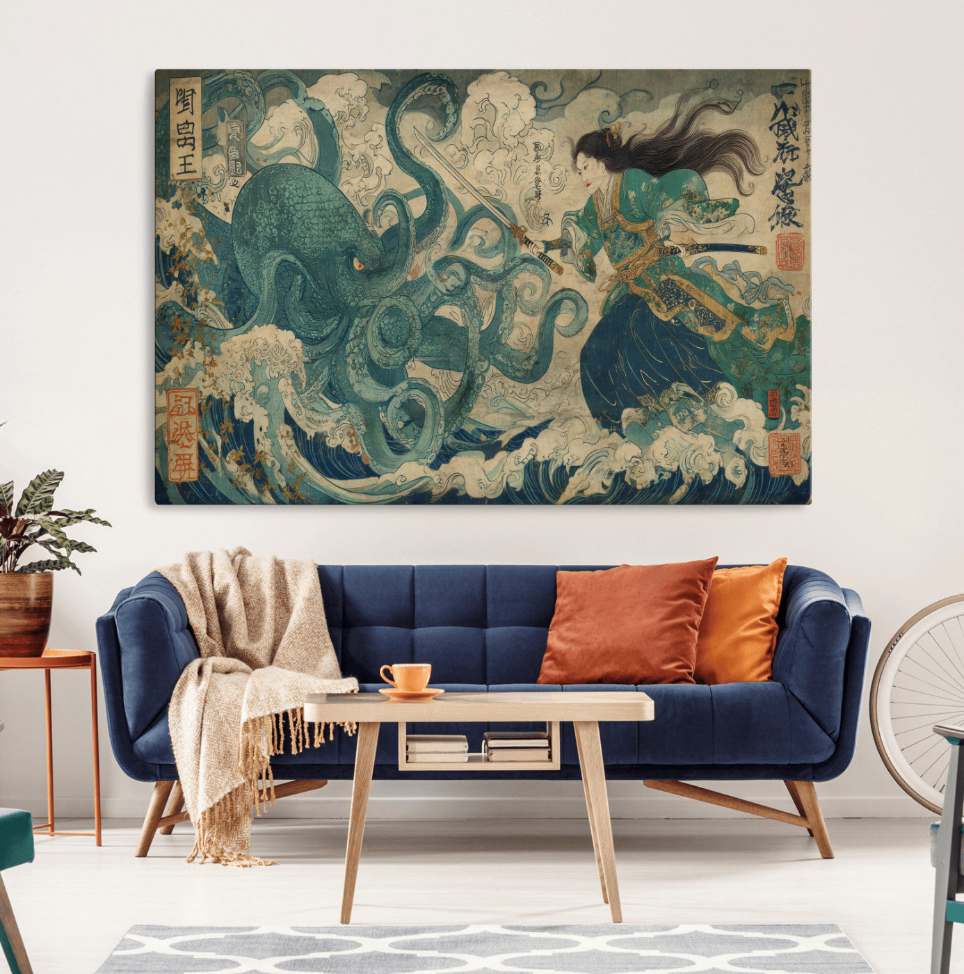 60346622-MGV-CV-36X24-Samurai Warrior vs Octopus Wall Art – Japanese Ukiyo-e Style Ocean Battle Canvas Print, Traditional Samurai Artwork for Living