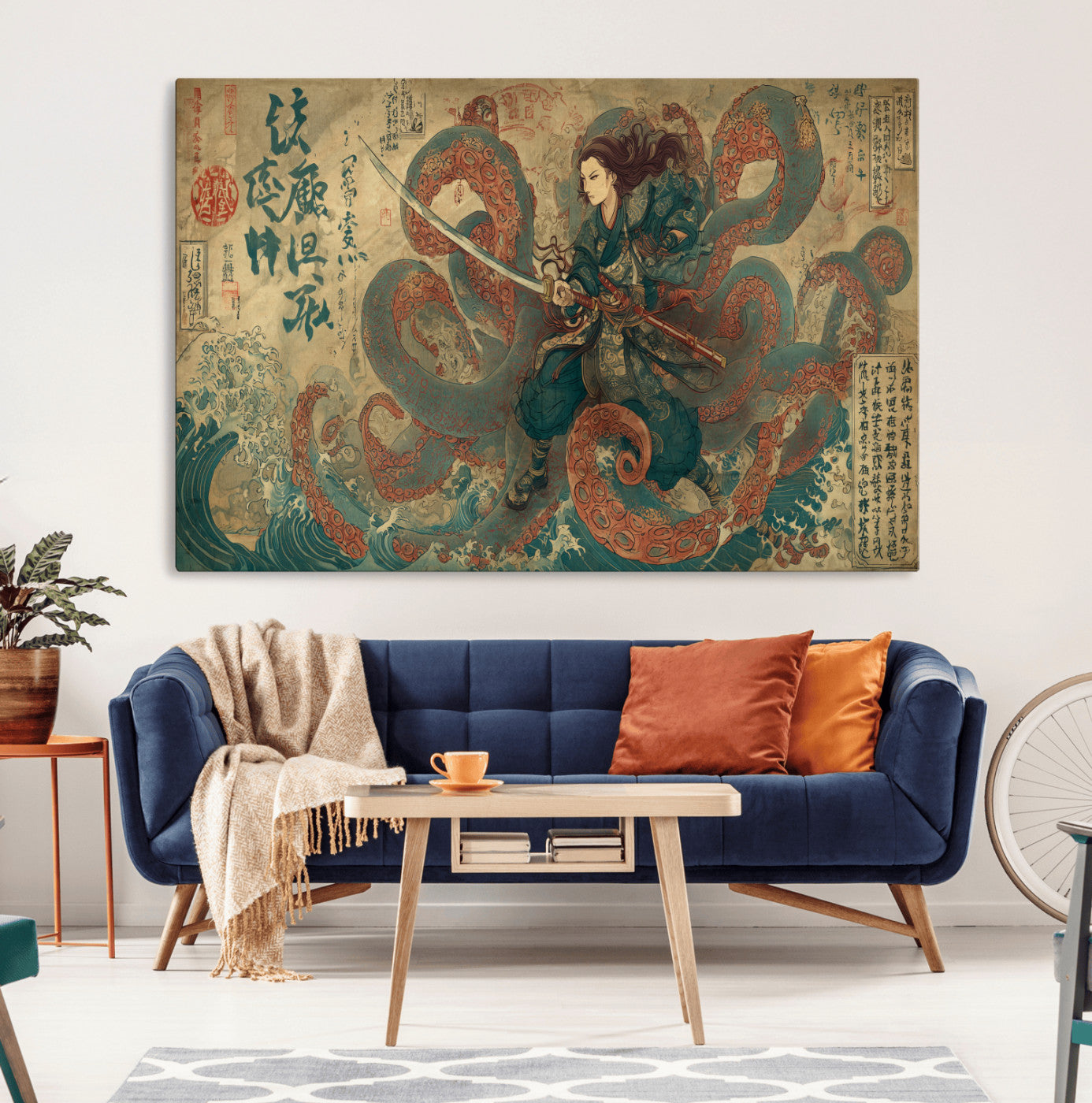 98593115-MGV-CV-36X24-Samurai Warrior vs Octopus Wall Art – Japanese Ukiyo-e Calligraphy Canvas Print, Ocean Battle Scene Artwork for Living Room,