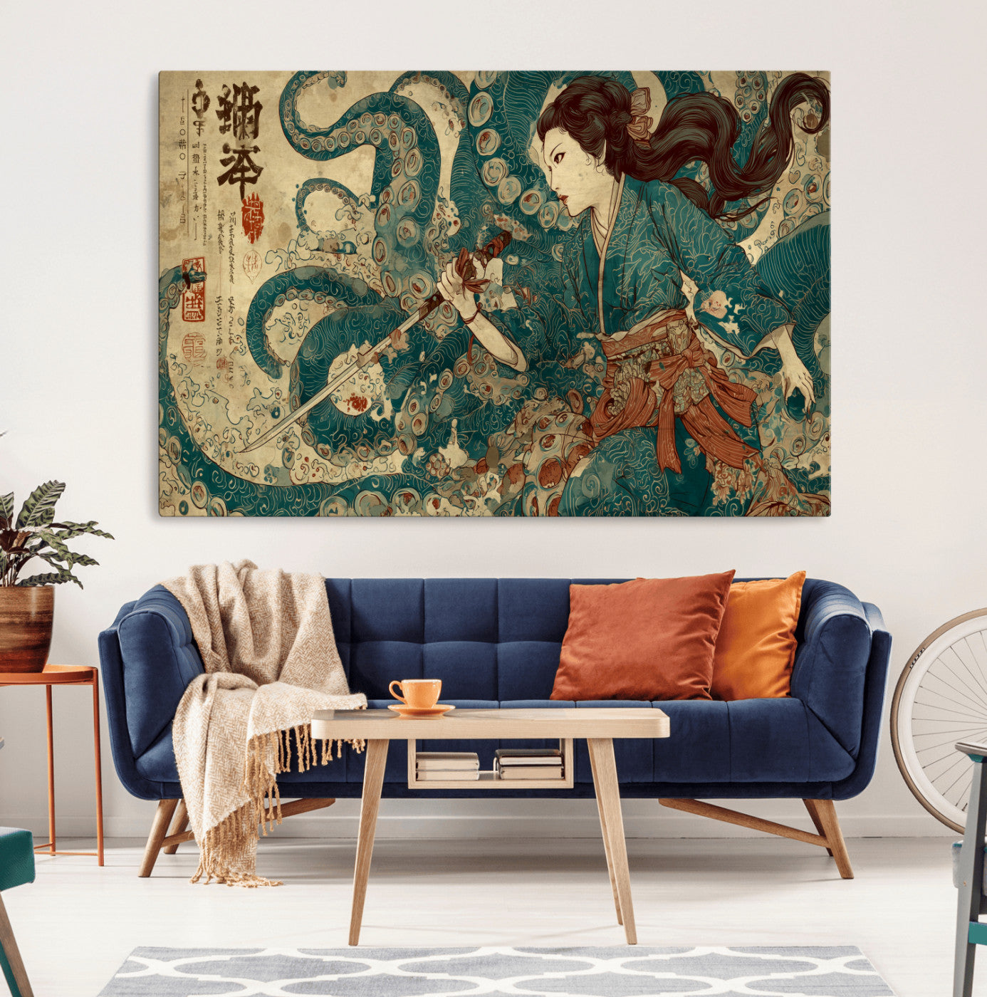 18575670-MGV-CV-36X24-Samurai Woman vs Octopus Wall Art – Japanese Ukiyo-e Ocean Battle Canvas Print, Traditional Warrior Artwork for Living Room,
