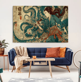 18575670-MGV-CV-36X24-Samurai Woman vs Octopus Wall Art – Japanese Ukiyo-e Ocean Battle Canvas Print, Traditional Warrior Artwork for Living Room,
