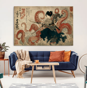 50812504-MGV-CV-36X24-Samurai Woman vs Octopus Wall Art – Japanese Ukiyo-e Red Tentacle Canvas Print, Ocean Battle Artwork for Living Room, Office, Man