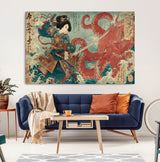 68844327-MGV-CV-36X24-Tsukioka Yoshitoshi Samurai Wall Art Print, Japanese Katana Warrior Canvas Wall Art, Octopus Sea Monster Canvas Print,
