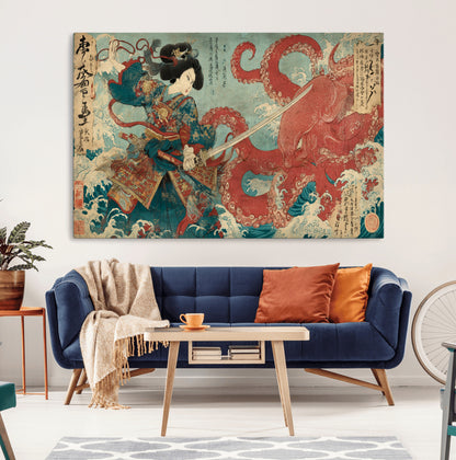 68844327-MGV-CV-36X24-Tsukioka Yoshitoshi Samurai Wall Art Print, Japanese Katana Warrior Canvas Wall Art, Octopus Sea Monster Canvas Print,