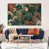 35461724-MGV-CV-36X24-Samurai Woman vs Octopus Wall Art – Japanese Ukiyo-e Ocean Waves Canvas Print, Red Tentacle Battle Artwork for Living Room,