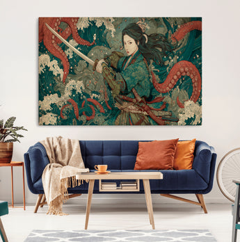 35461724-MGV-CV-36X24-Samurai Woman vs Octopus Wall Art – Japanese Ukiyo-e Ocean Waves Canvas Print, Red Tentacle Battle Artwork for Living Room,
