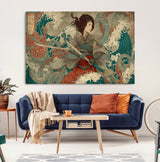 63377977-MGV-CV-36X24-Tsukioka Yoshitoshi Samurai Wall Art Print, Japanese Katana Warrior Canvas Wall Art, Octopus Sea Monster Canvas Print,