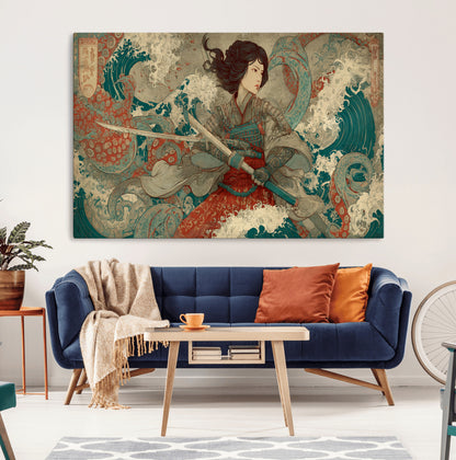 63377977-MGV-CV-36X24-Tsukioka Yoshitoshi Samurai Wall Art Print, Japanese Katana Warrior Canvas Wall Art, Octopus Sea Monster Canvas Print,